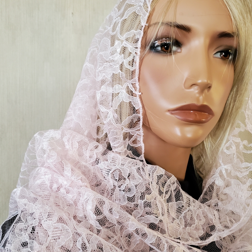 Pale Pink Rectangle Lace Mantilla Chapel Veil Veiled Woman Head Covering Church - Picture 3 of 4
